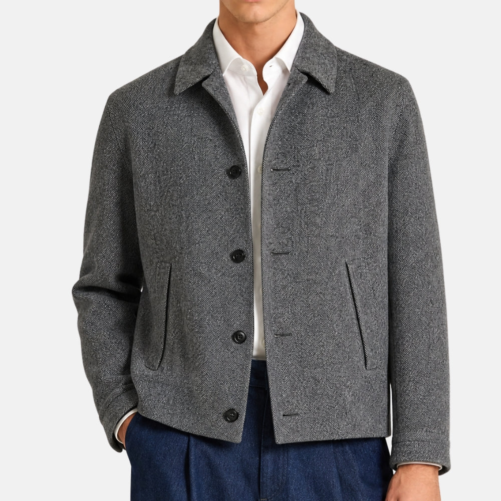 Grey Herringbone Jacket made of Wool/Leather Details (EU 48)