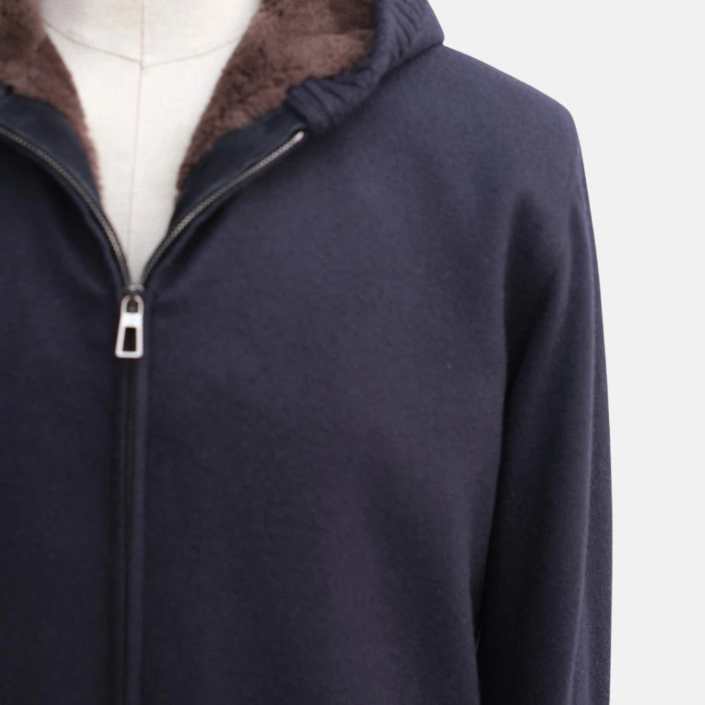 Navy Blue Hooded Beaver Lined Cashmere Jacket (L)