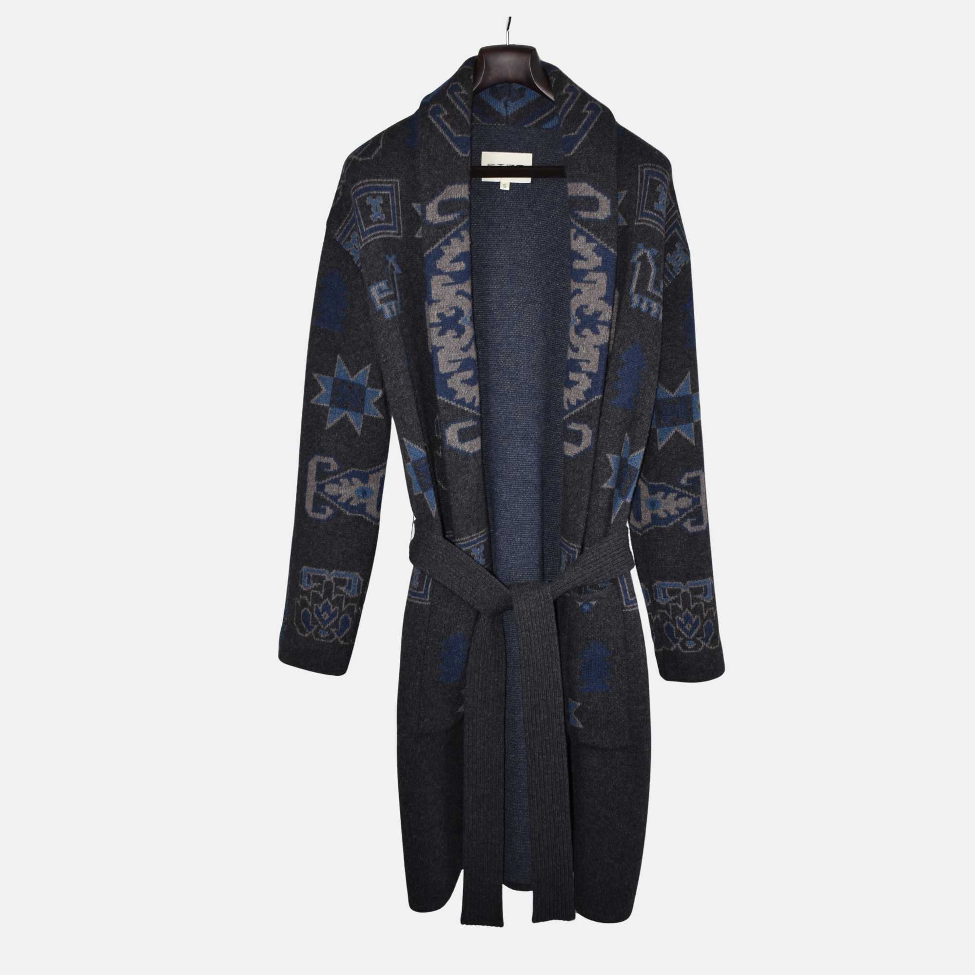 Blue/Gray Patterned Dressing Gown Coat Robe made of Wool (S)
