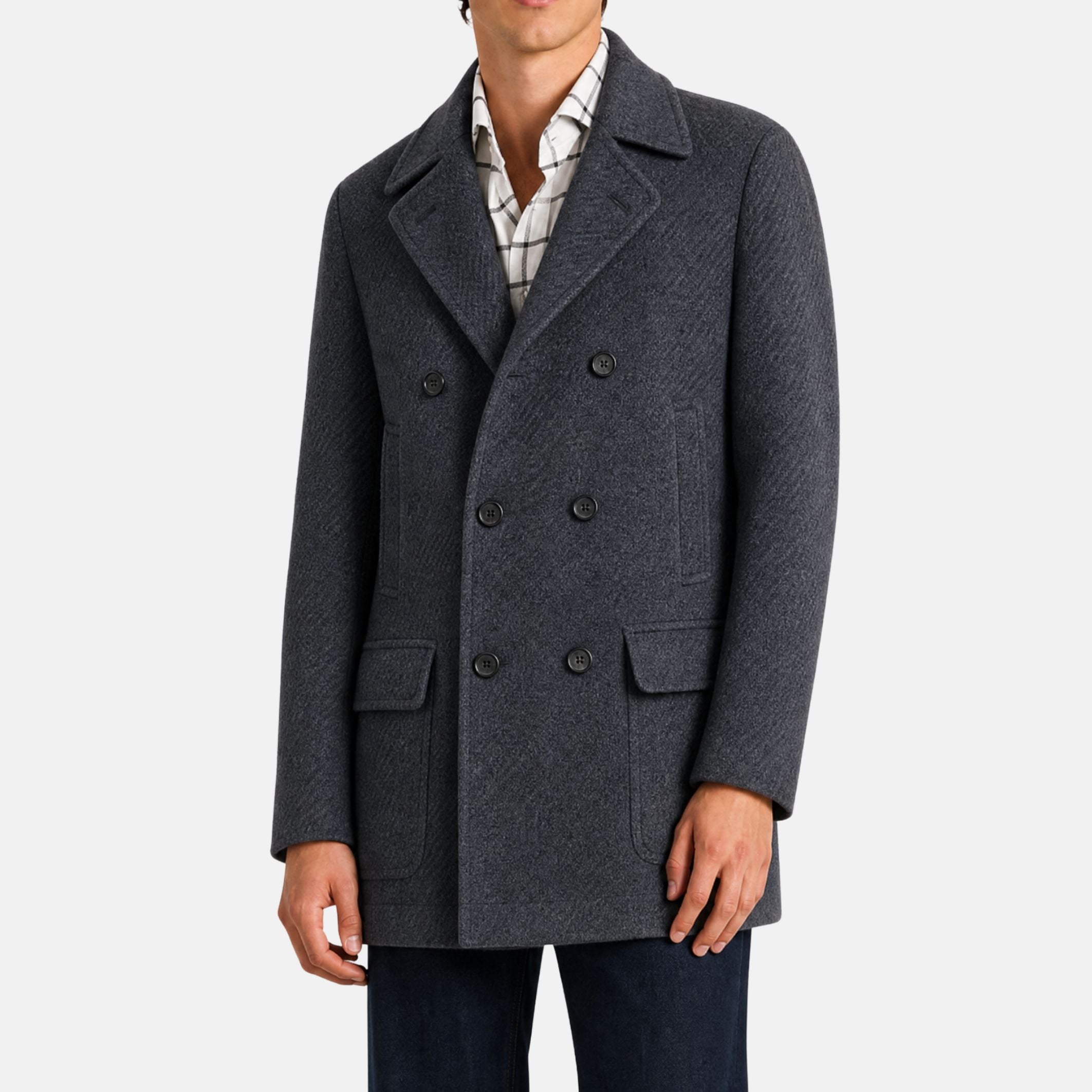 Blue Melange Double-Breasted Baby Cashmere Peacoat (L)