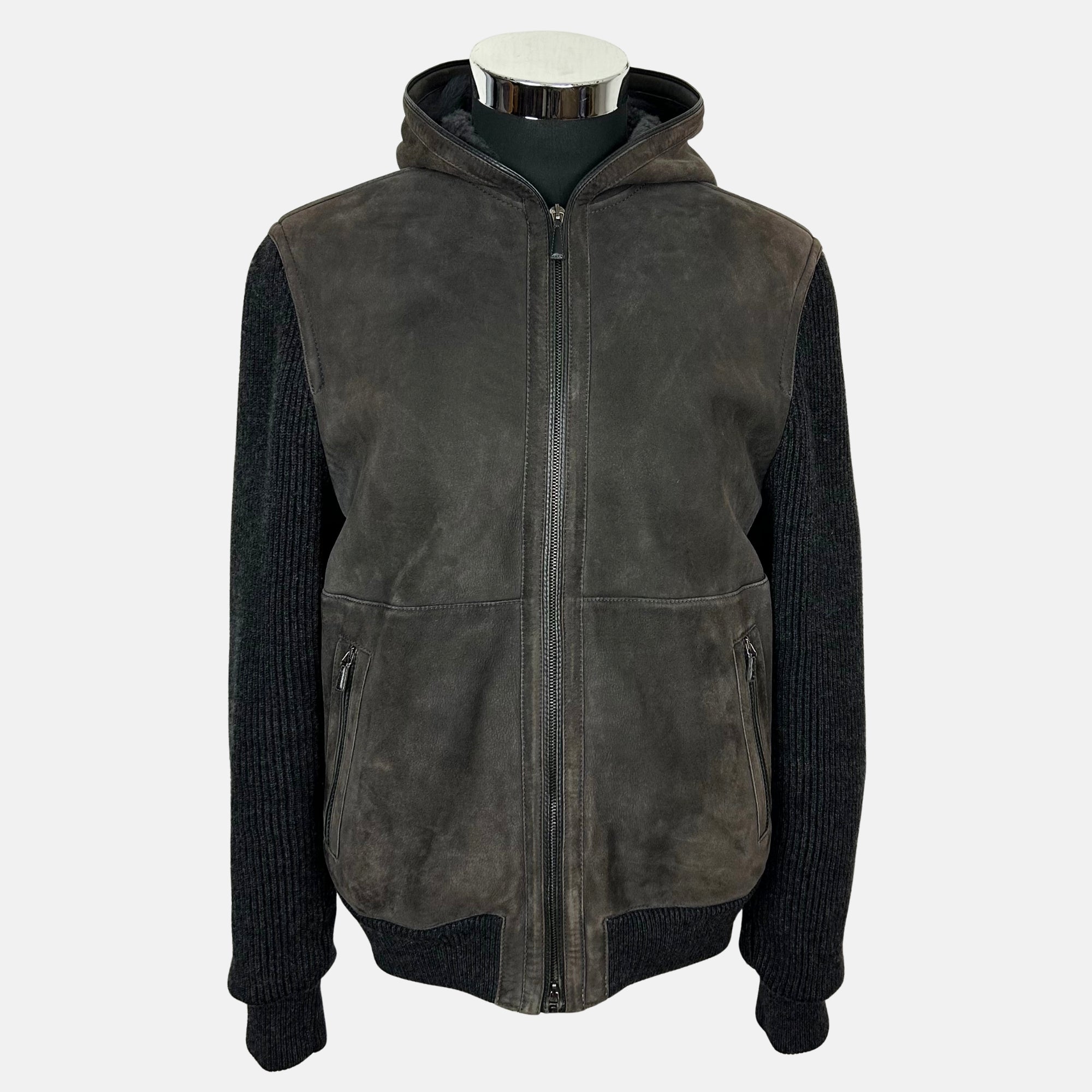 Brown / Anthracite Hooded Bomber Jacket made of Shearling (EU 50)