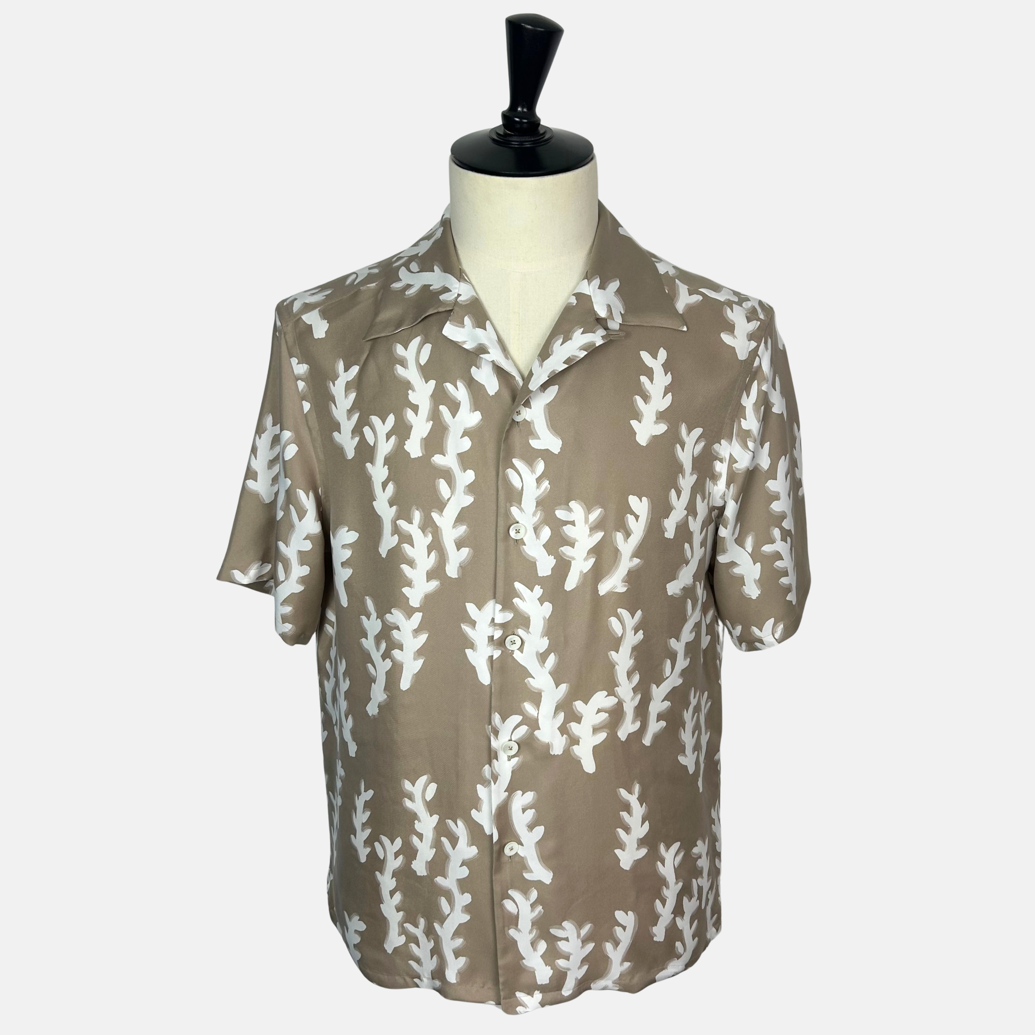 Beige-Taupe Patterned Bowling Shirt made of Silk (M)