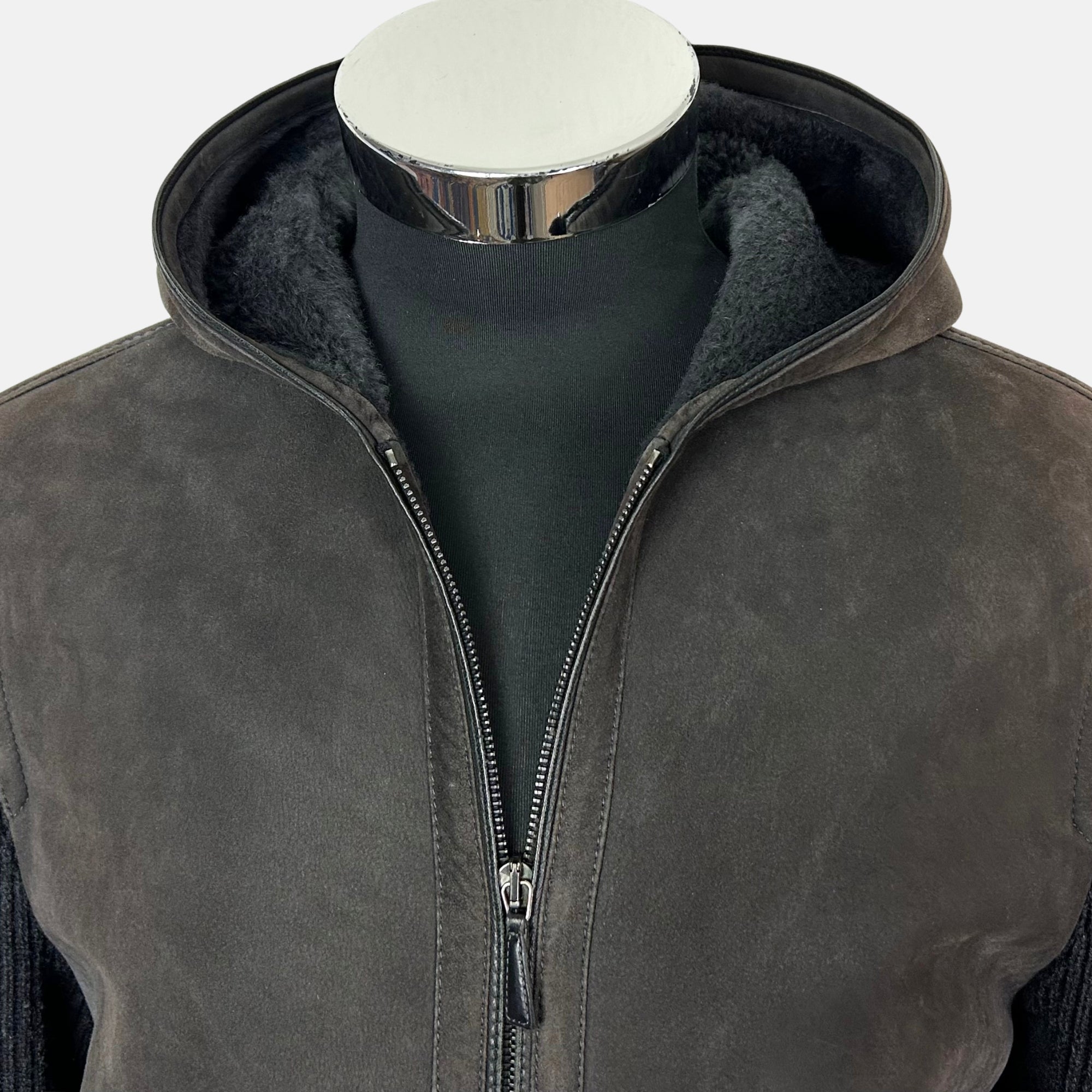 Brown / Anthracite Hooded Bomber Jacket made of Shearling (EU 50)