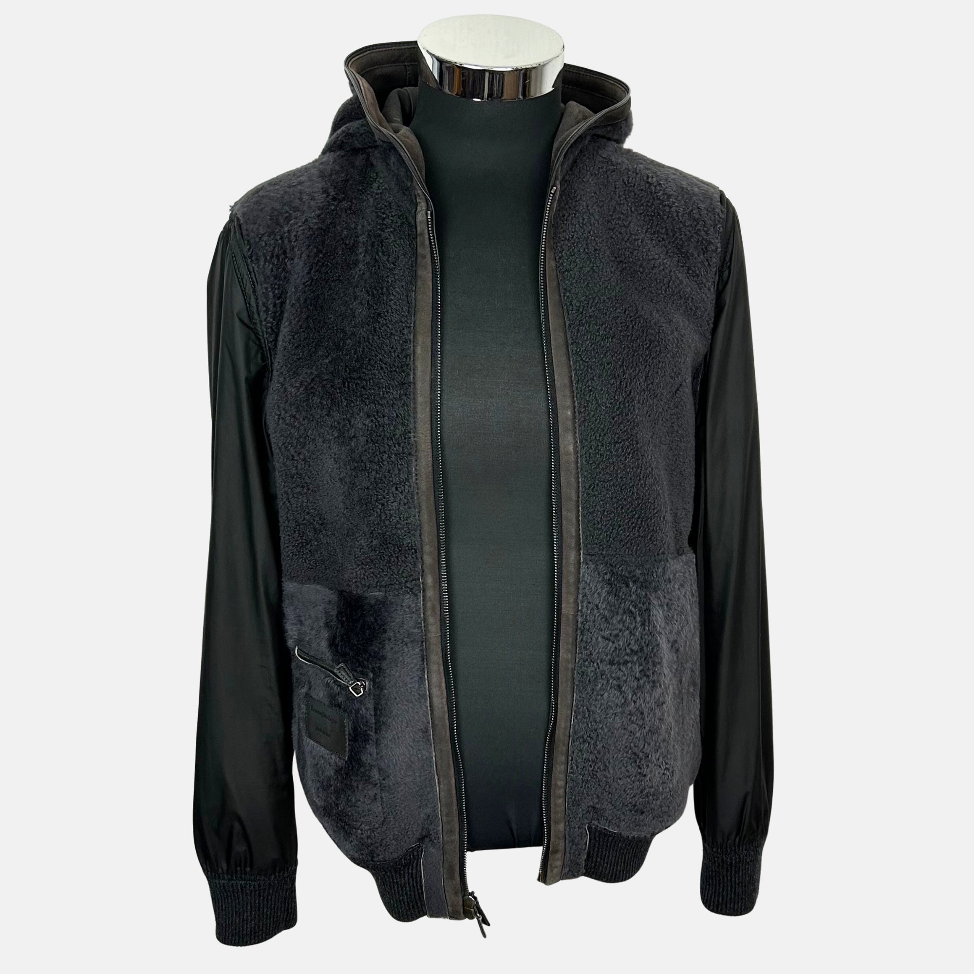 Brown / Anthracite Hooded Bomber Jacket made of Shearling (EU 50)