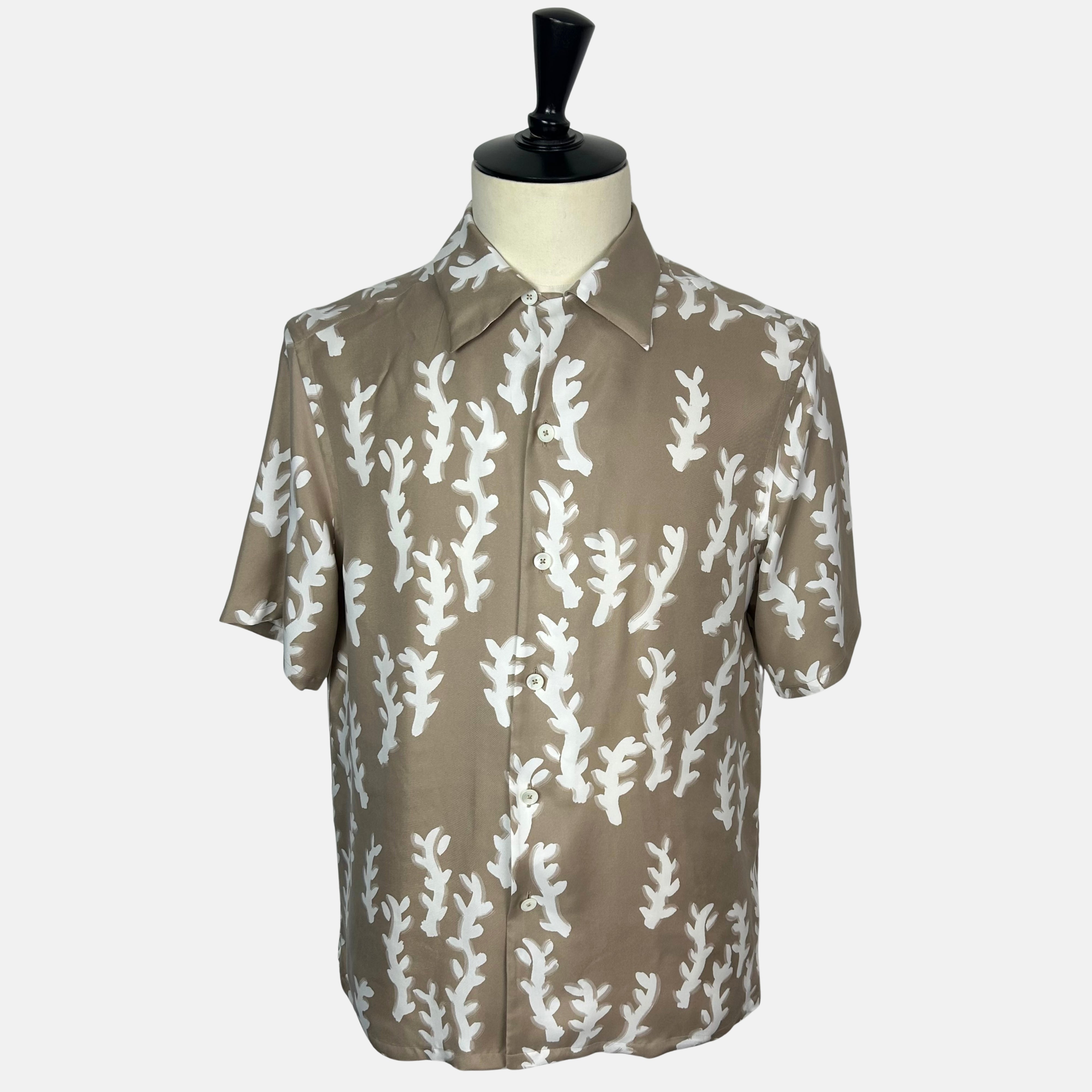Beige-Taupe Patterned Bowling Shirt made of Silk (M)
