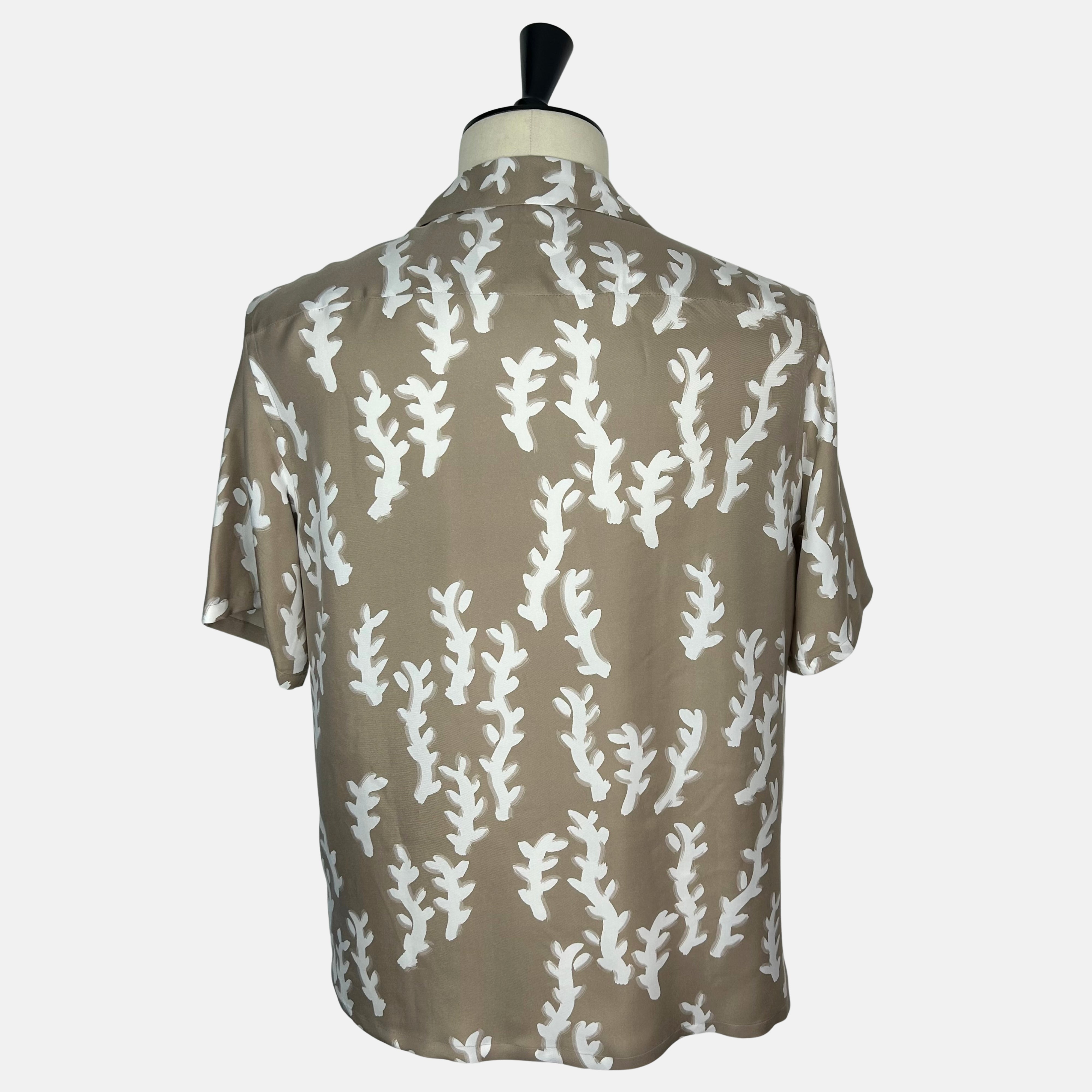 Beige-Taupe Patterned Bowling Shirt made of Silk (M)