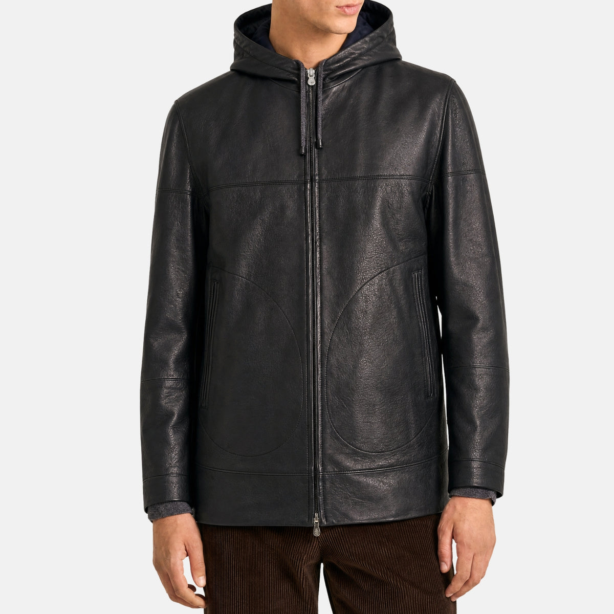 Brunello Cucinelli Calfskin Leather Reversible Hooded Bomber Black Navy (M)