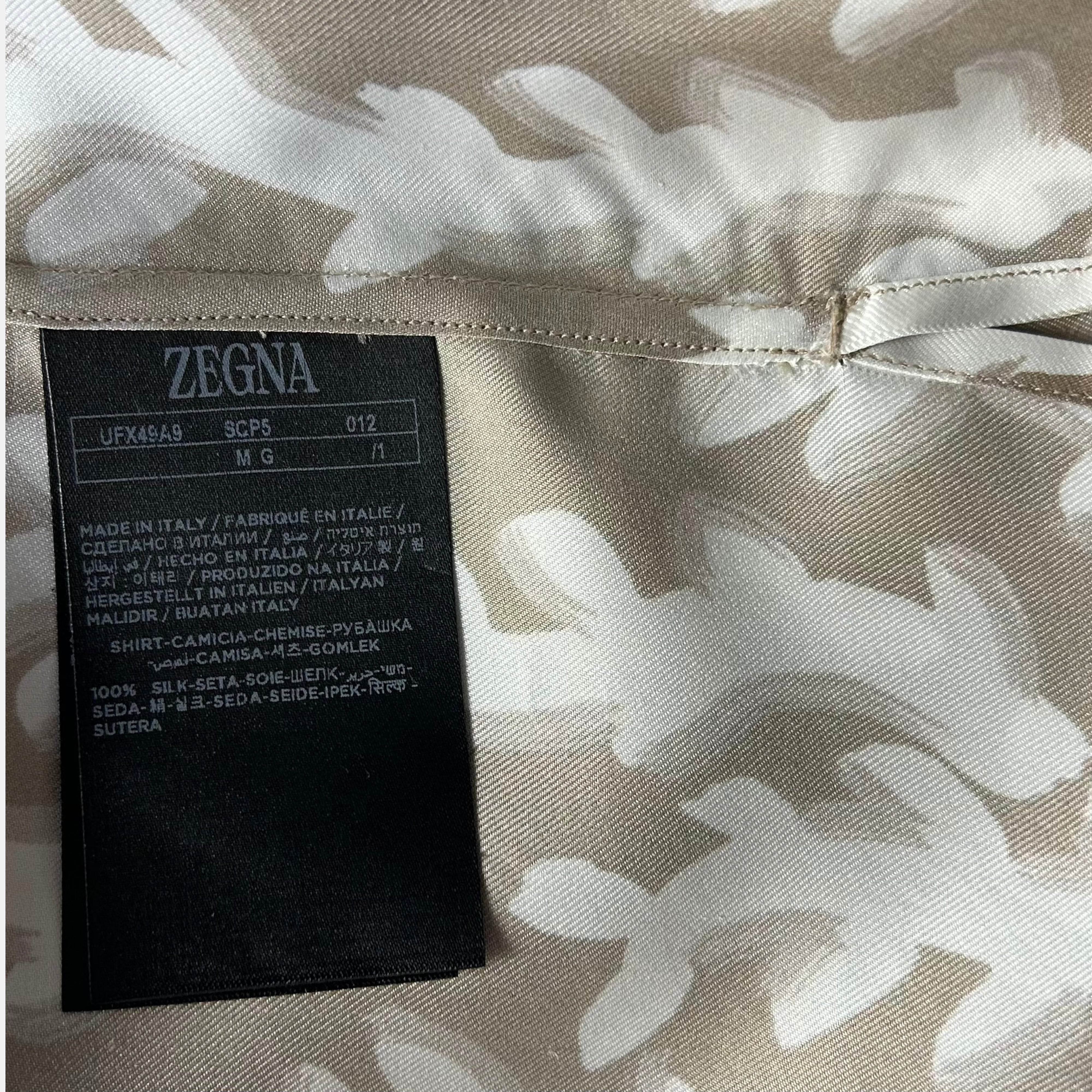 Beige-Taupe Patterned Bowling Shirt made of Silk (M)