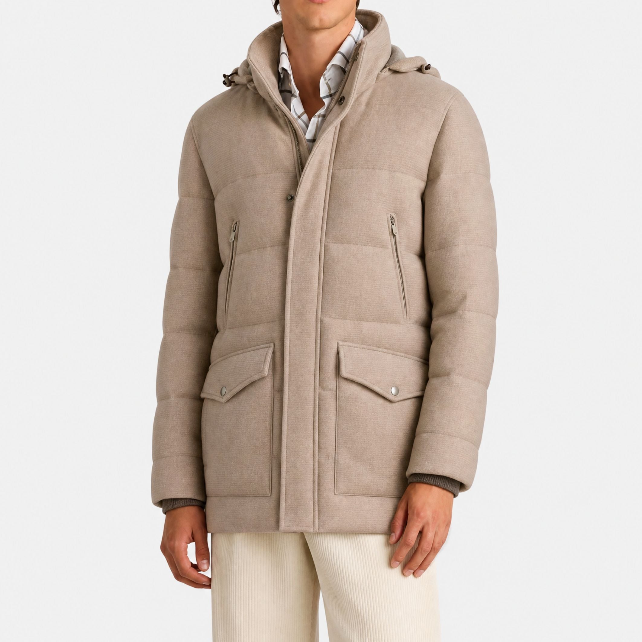 Taupe Down Parka with Detachable Hood made of Cashmere/Suede Details (L)