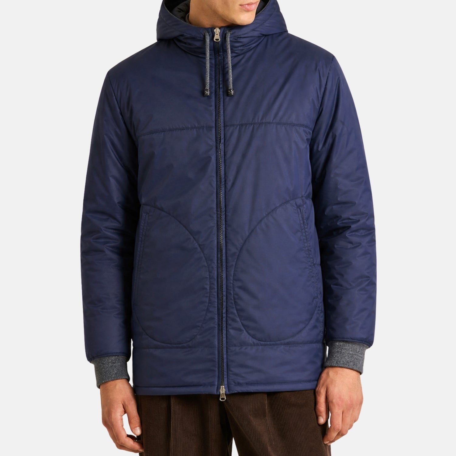 Brunello Cucinelli Calfskin Leather Reversible Hooded Bomber Black Navy (M)