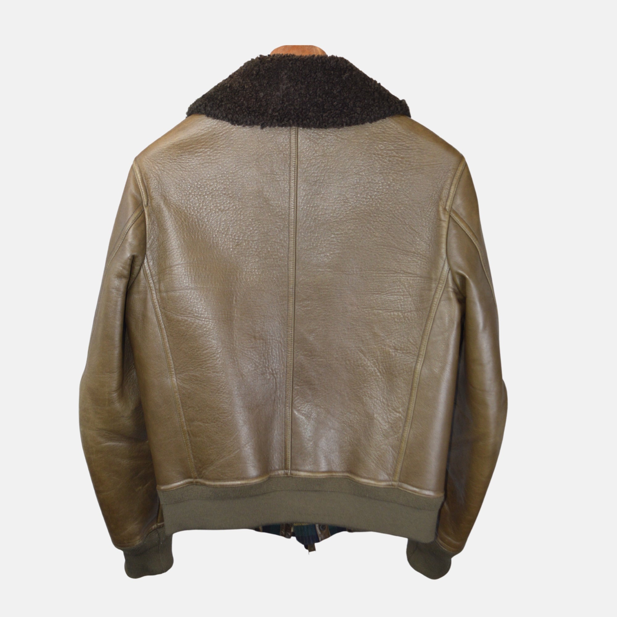 Olive Flight Leather Jacket with Shearling Collar (M)