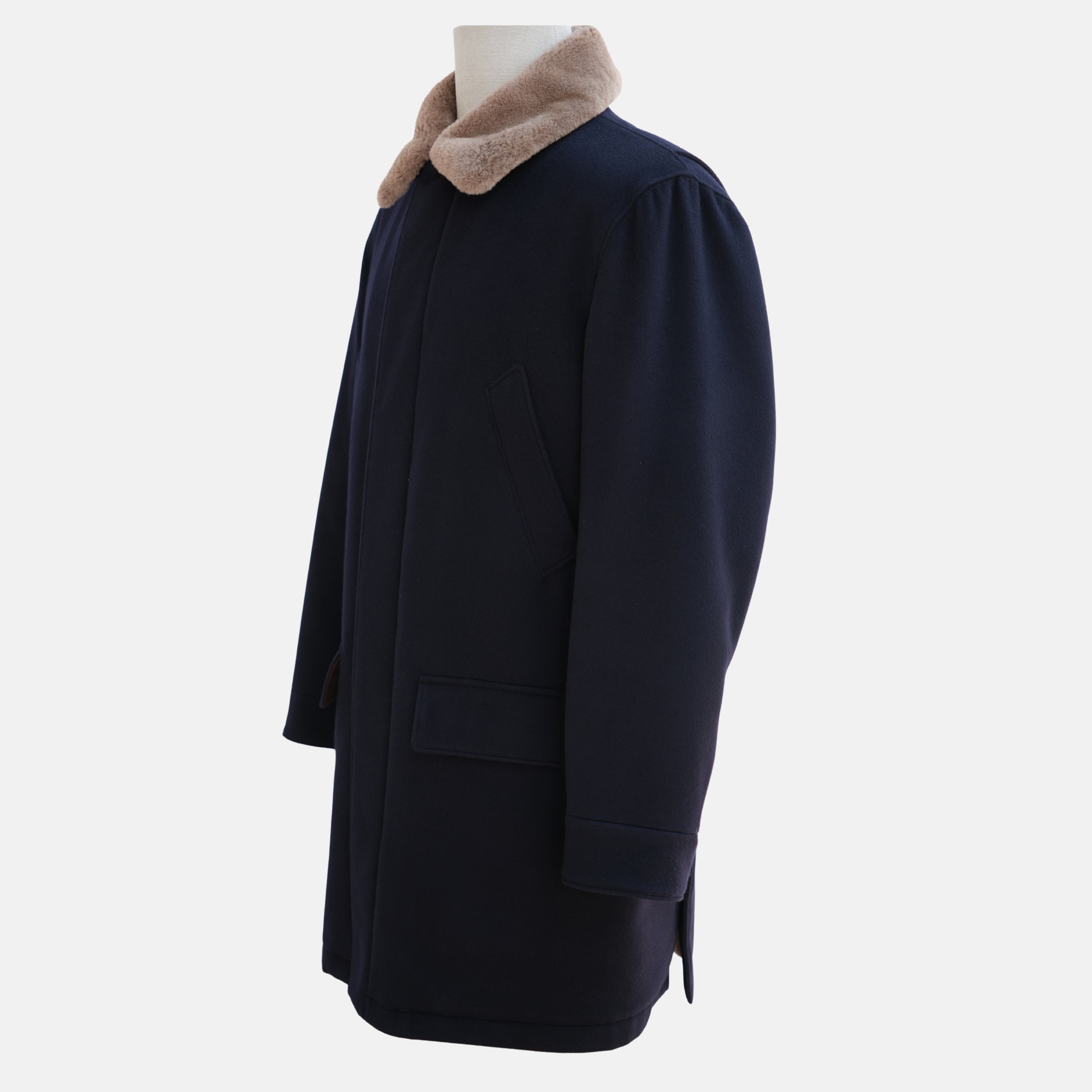 Navy Beaver Lined Cashmere Coat (M)