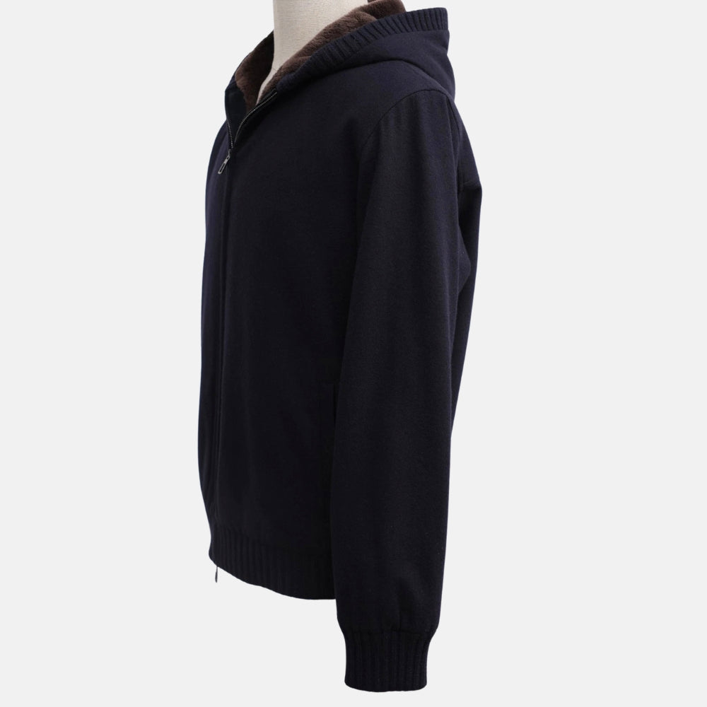 Navy Blue Hooded Beaver Lined Cashmere Jacket (L)