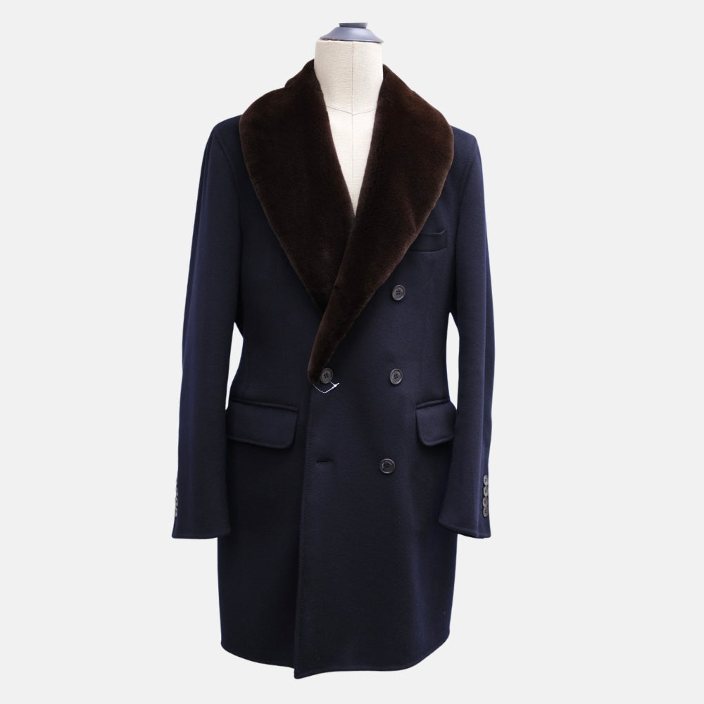 Navy Double-Breasted Baby Cashmere Coat with Mink Collar (EU 54)