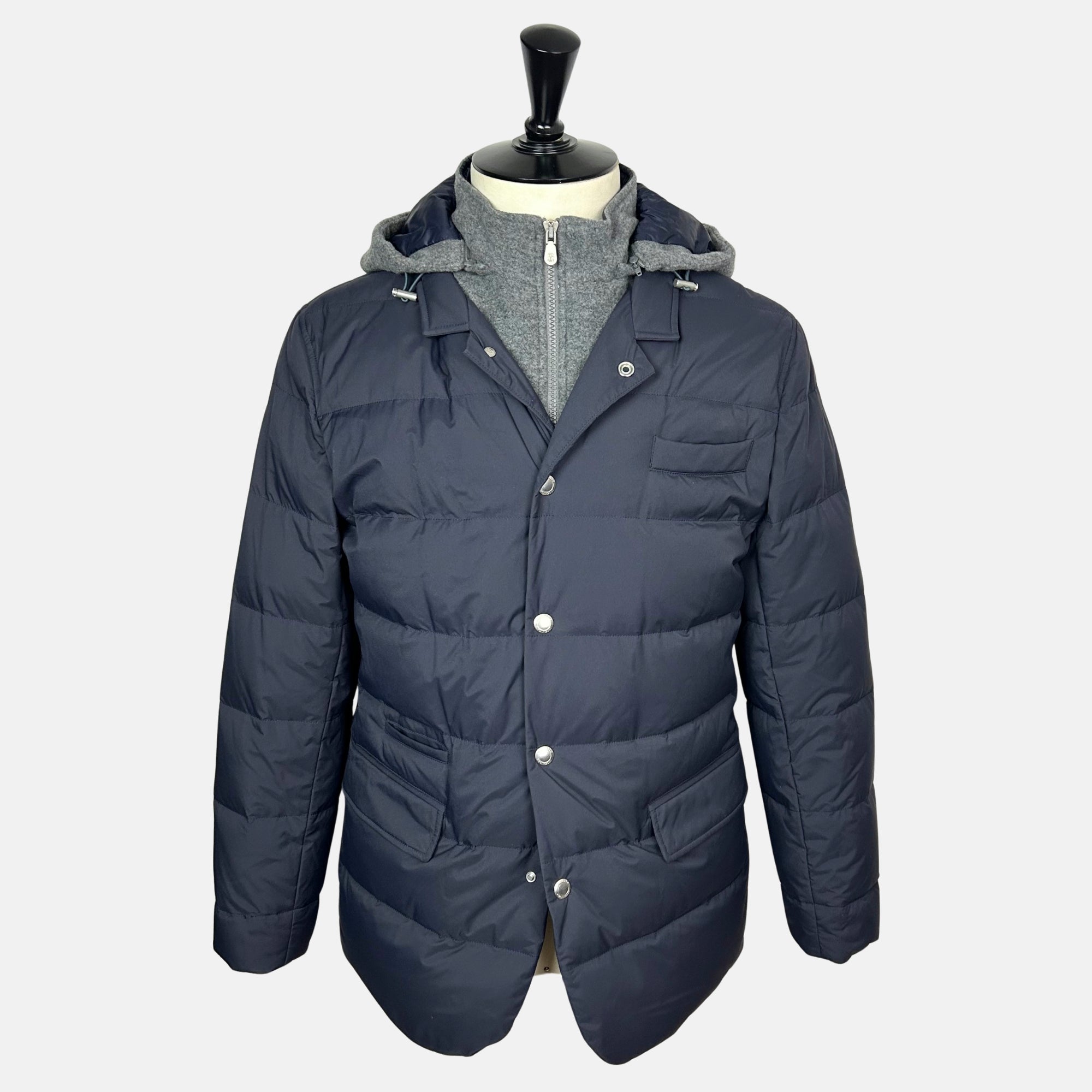 Navy/Gray Hooded Down Jacket made of Nylon/Cashmere (M)