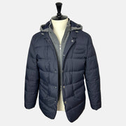 Navy/Gray Hooded Down Jacket made of Nylon/Cashmere (M)
