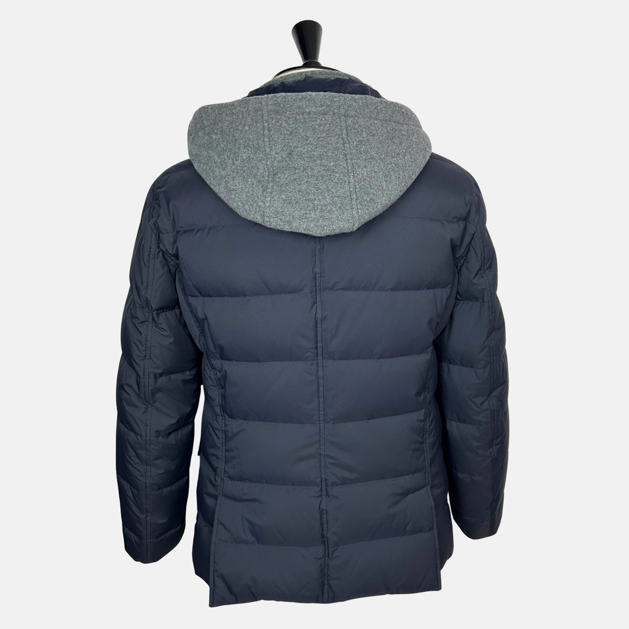Navy/Gray Hooded Down Jacket made of Nylon/Cashmere (M)