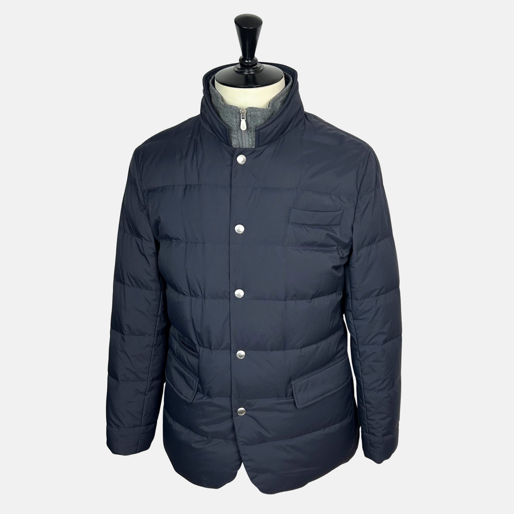 Navy/Gray Hooded Down Jacket made of Nylon/Cashmere (M)