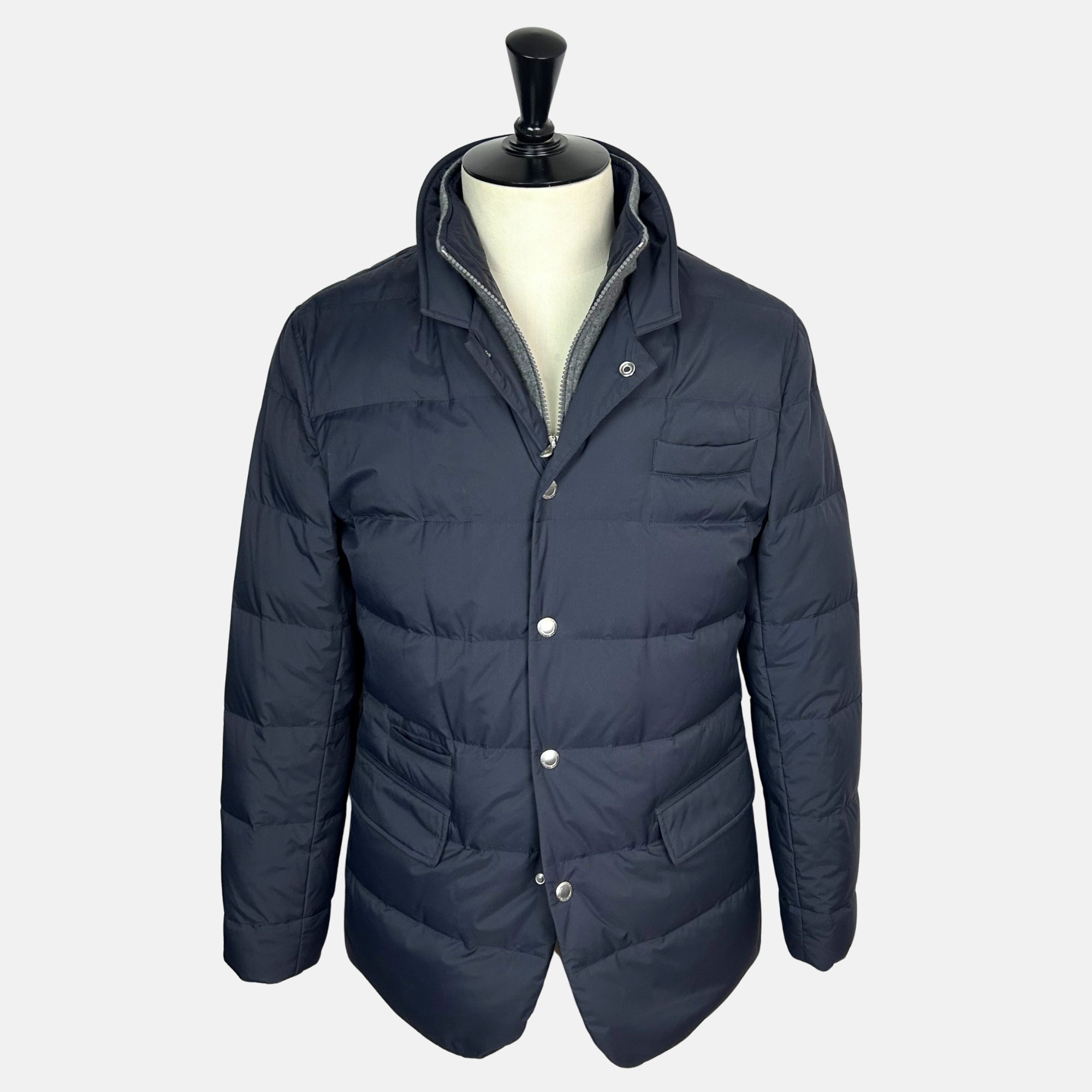 Navy/Gray Hooded Down Jacket made of Nylon/Cashmere (M)