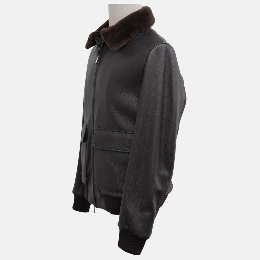 Dark Brown Deerskin Blouson with Nutria Fur Collar (M)