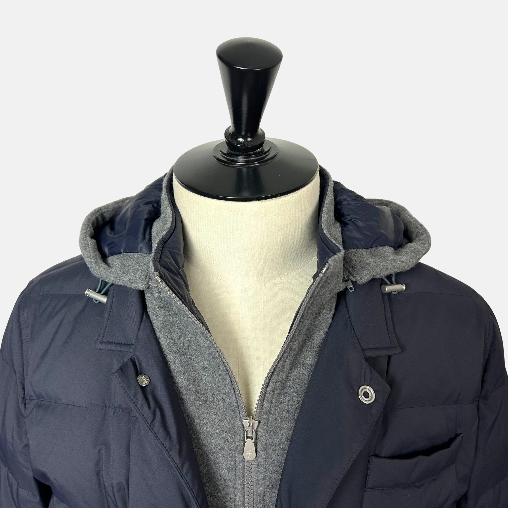 Navy/Gray Hooded Down Jacket made of Nylon/Cashmere (M)