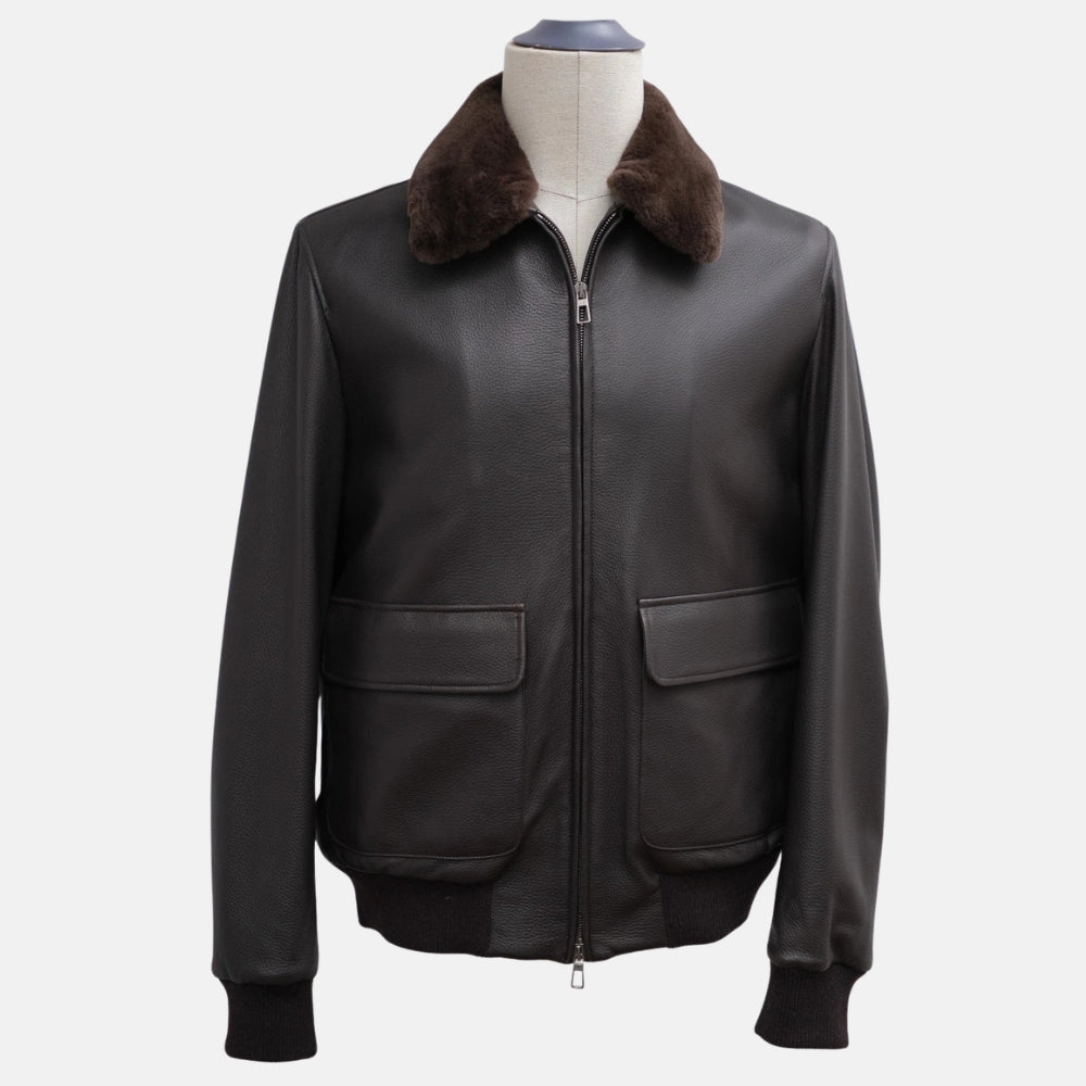 Dark Brown Deerskin Blouson with Nutria Fur Collar (M)