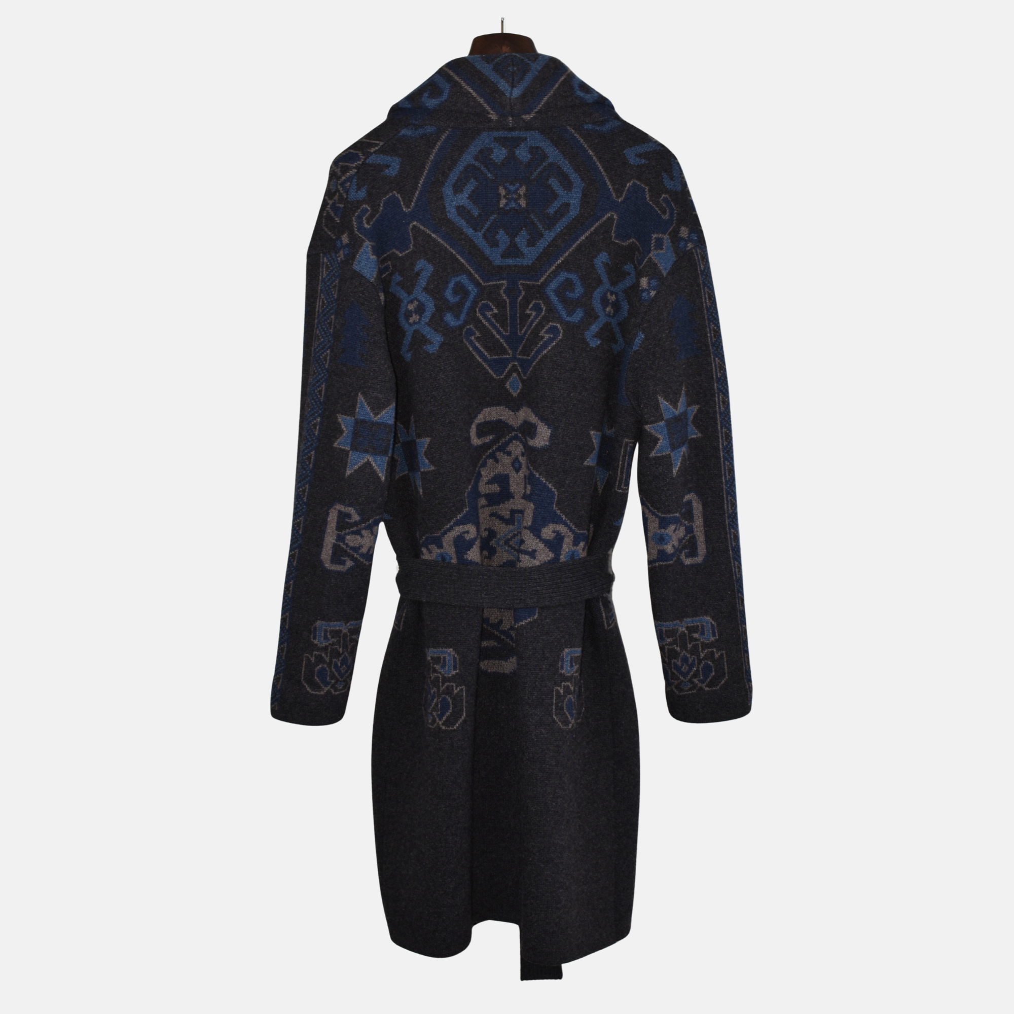 Blue/Gray Patterned Dressing Gown Coat Robe made of Wool (S)