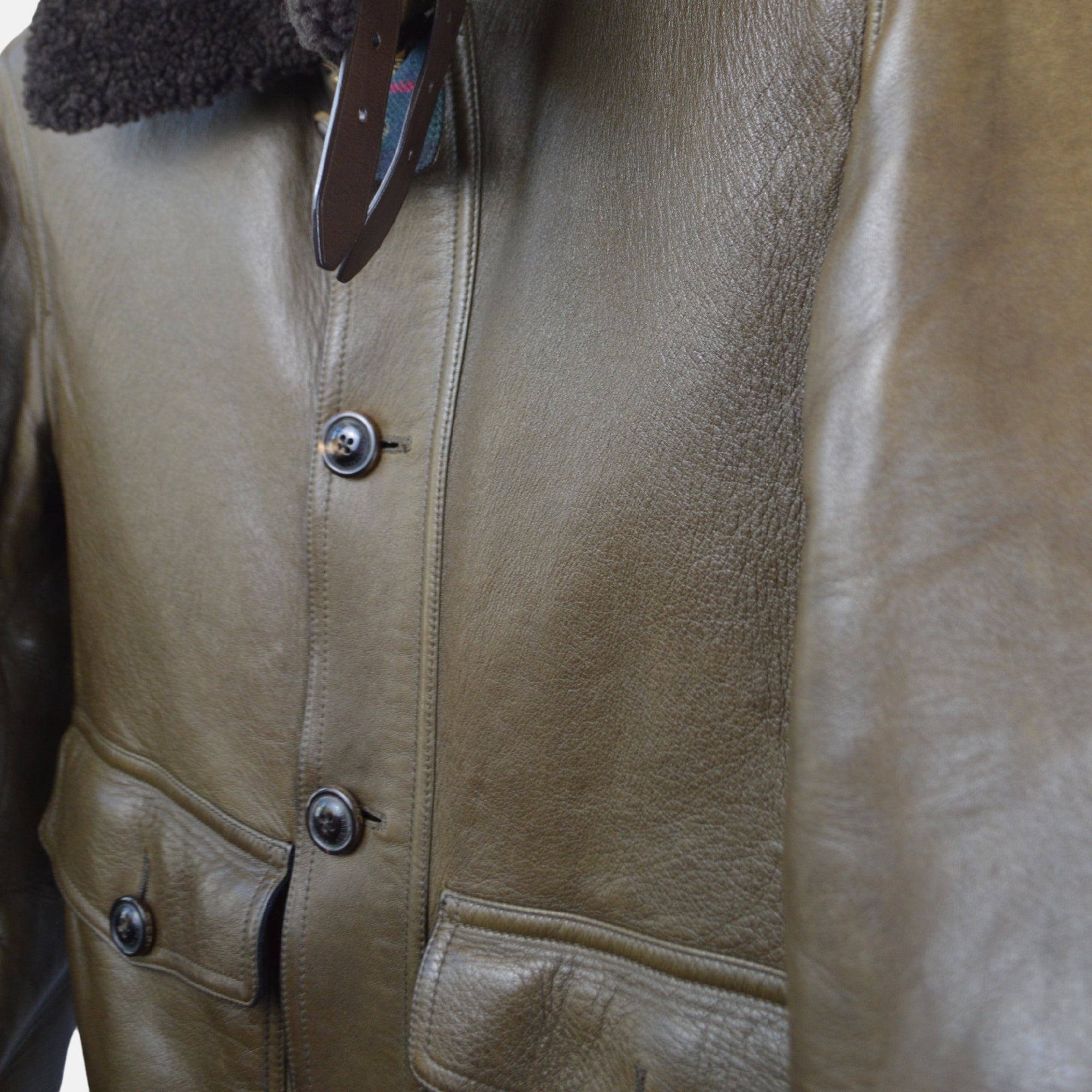 Olive Flight Leather Jacket with Shearling Collar (M)