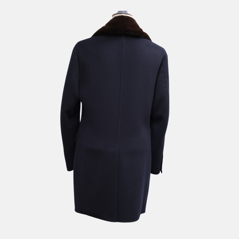 Navy Double-Breasted Baby Cashmere Coat with Mink Collar (EU 54)