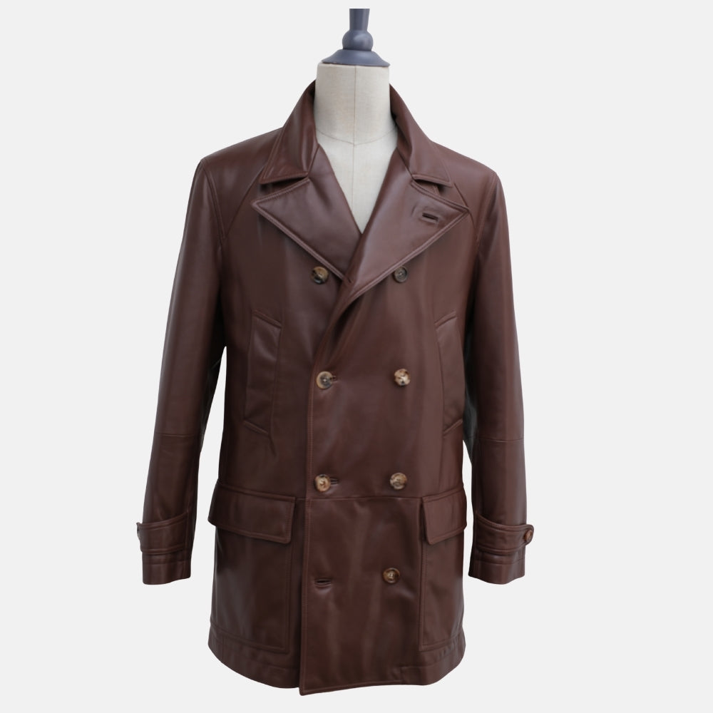Brown Double-Breasted Leather Pea Coat (M)
