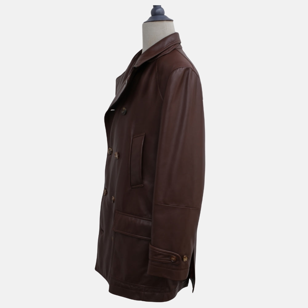 Brown Double-Breasted Leather Pea Coat (M)