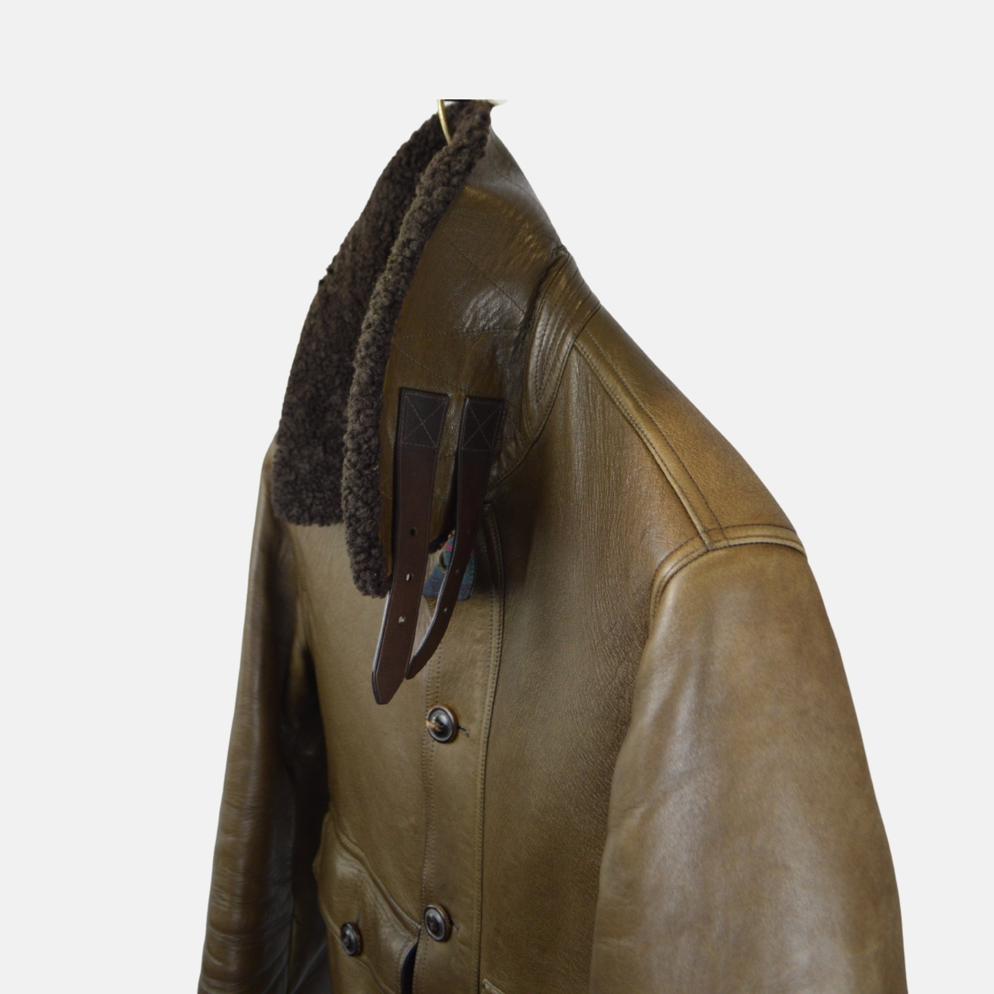 Olive Flight Leather Jacket with Shearling Collar (M)