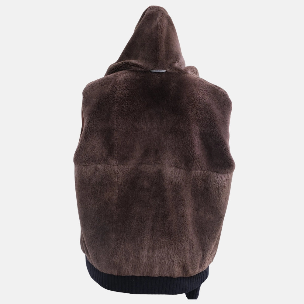 Navy Blue Hooded Beaver Lined Cashmere Jacket (L)