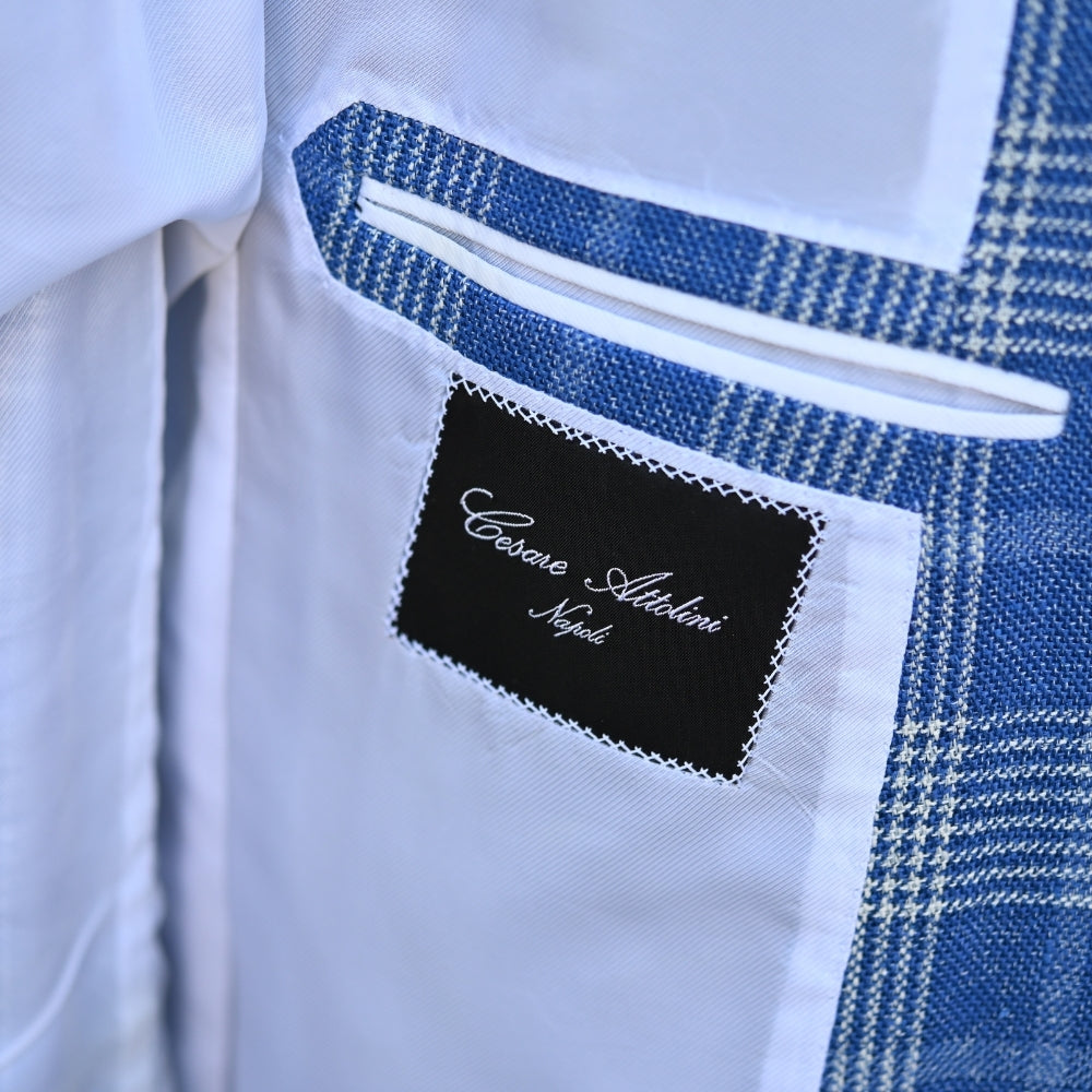 Blue/White Checked Blazer made of Silk/Wool/Linen/Cotton (EU 52)