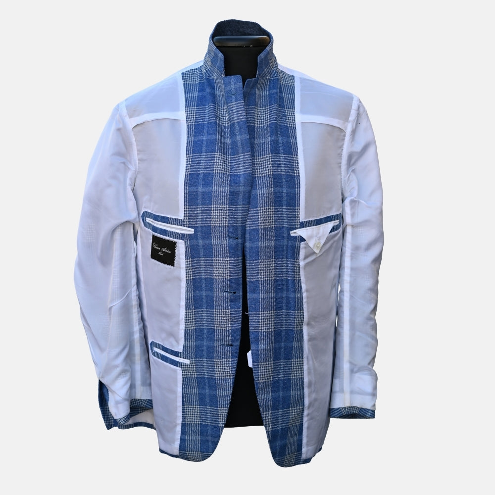 Blue/White Checked Blazer made of Silk/Wool/Linen/Cotton (EU 52)