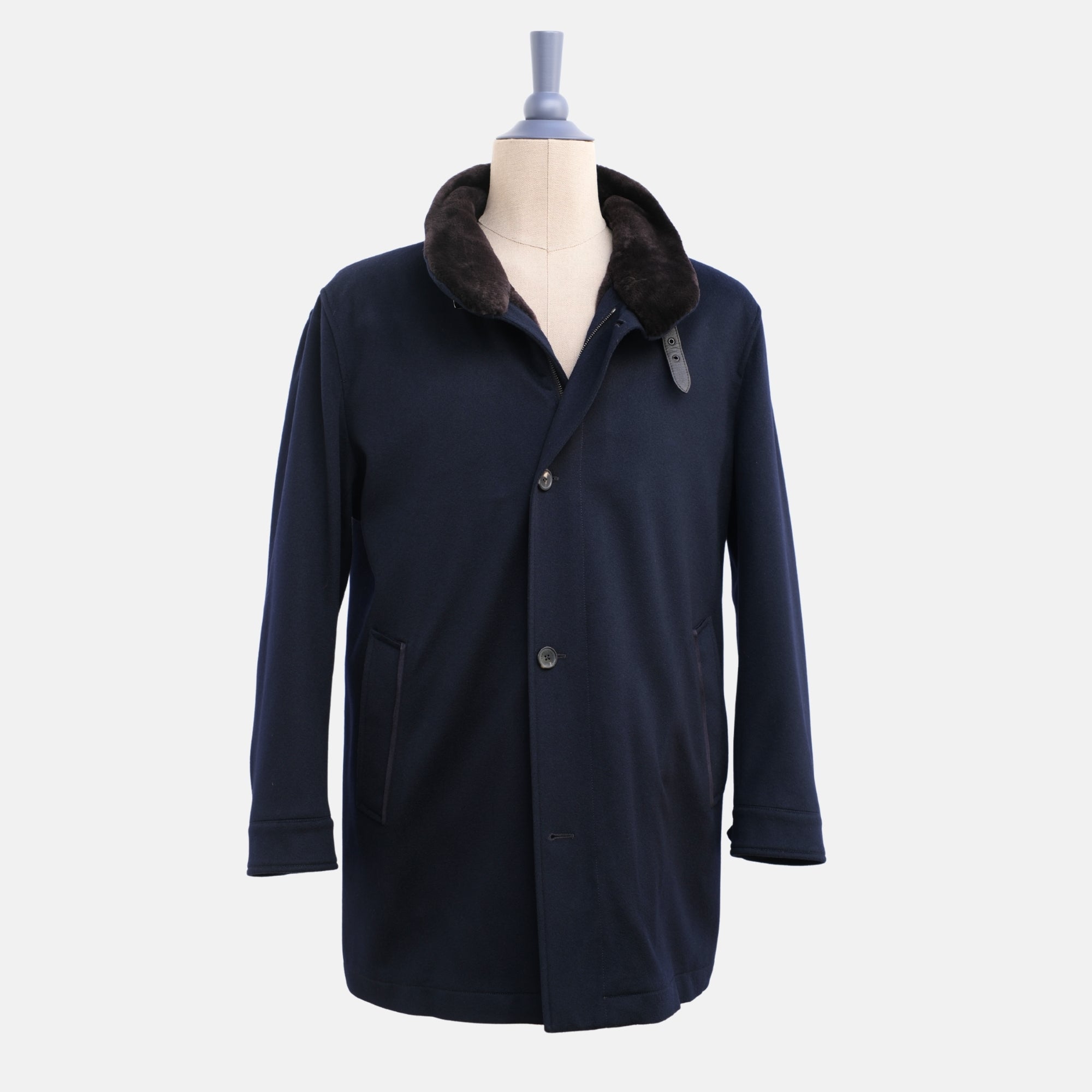 Navy Blue Beaver Lined Cashmere Coat (XL)