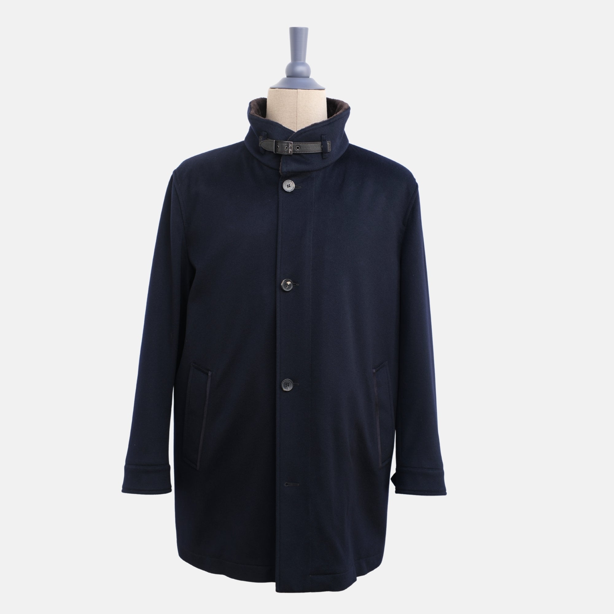 Navy Blue Beaver Lined Cashmere Coat (XL)