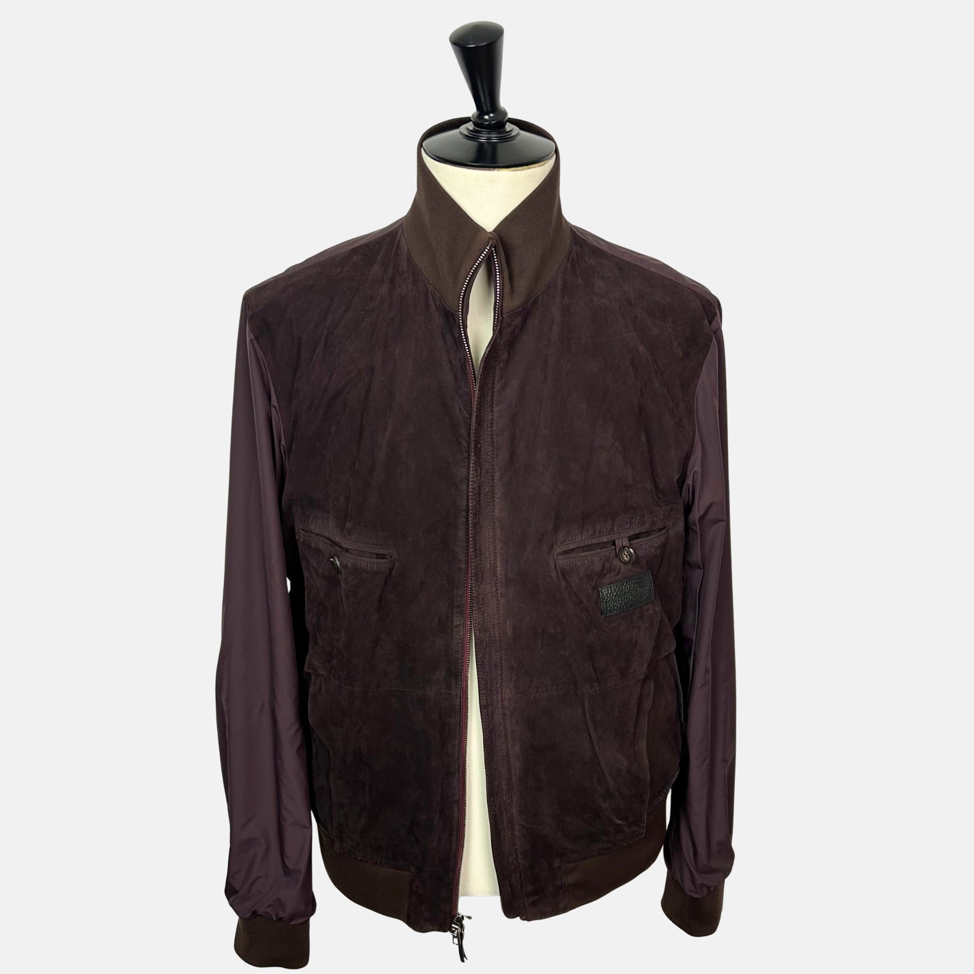 Dark Brown–Burgundy Bomber Jacket made of Suede/Knit/Silk/Nylon/Elastane (EU 56)