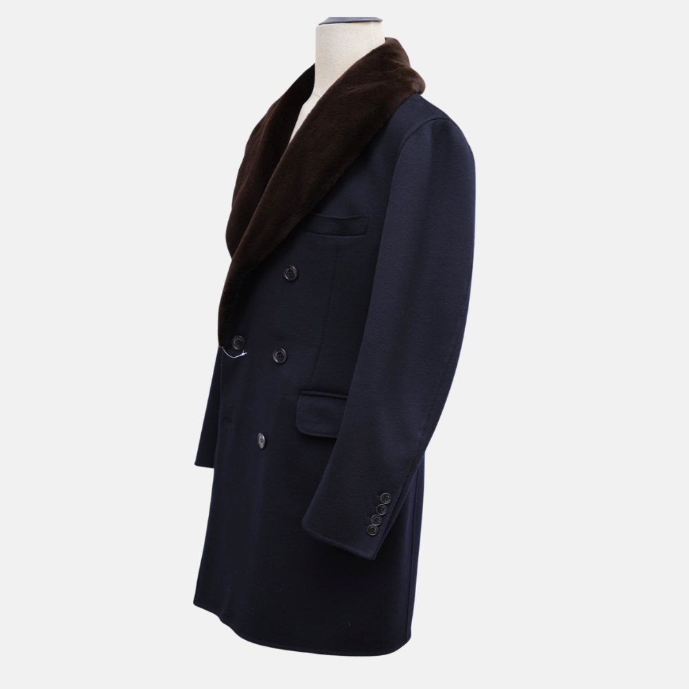 Navy Double-Breasted Baby Cashmere Coat with Mink Collar (EU 54)