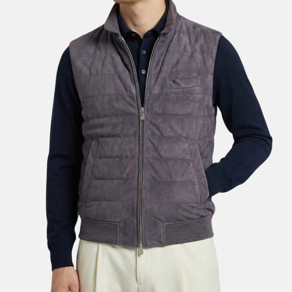 Pre-owned Brunello Cucinelli grey suede quilted gilet vest worn over navy polo shirt, front view