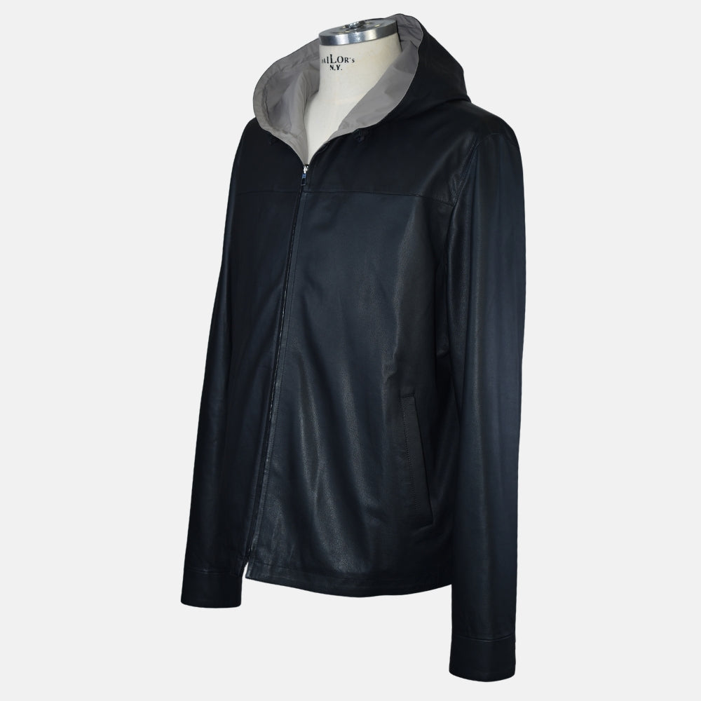 Hooded Leather Jacket Reversible