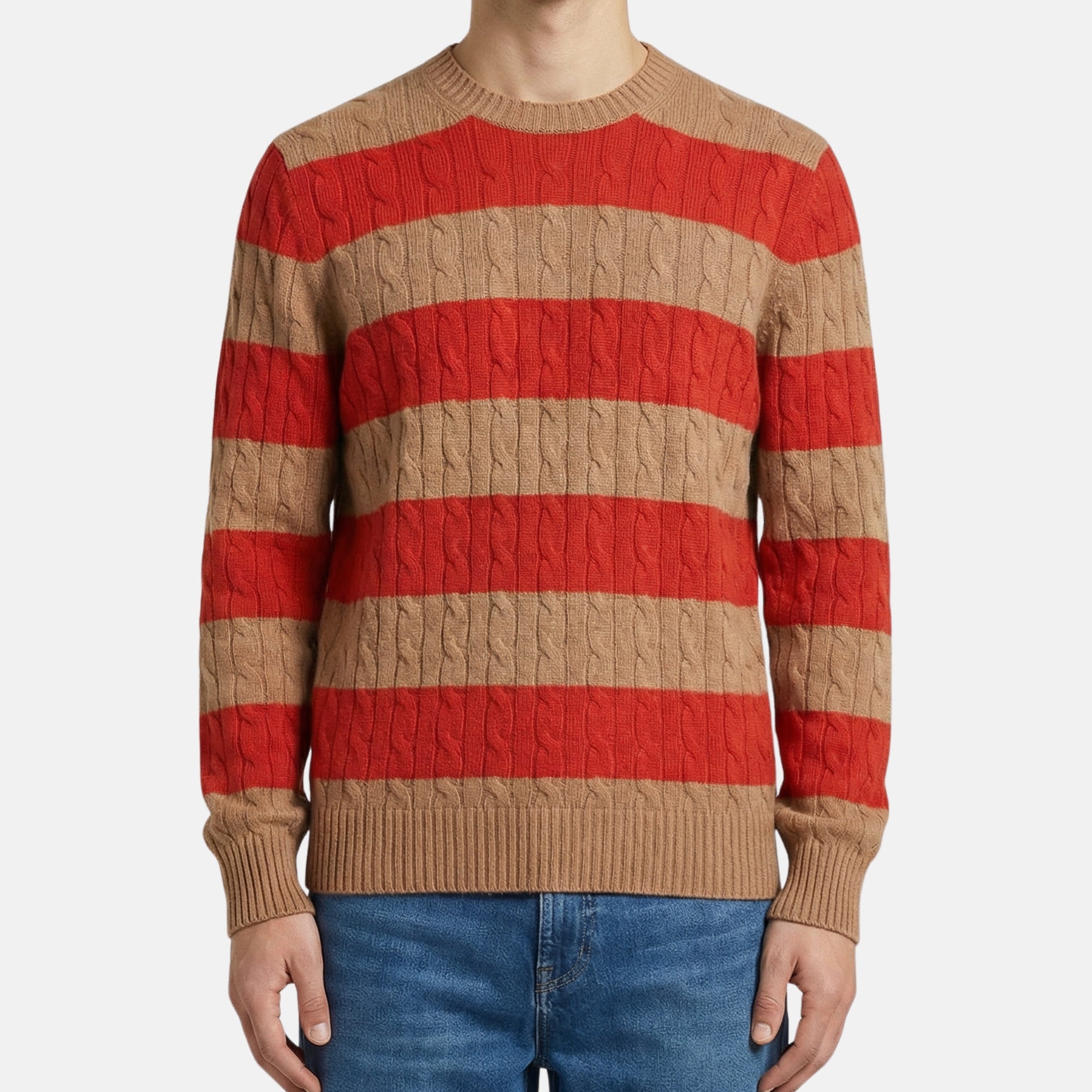 Brown/Red Striped Cable-Knit Sweater (EU 50)