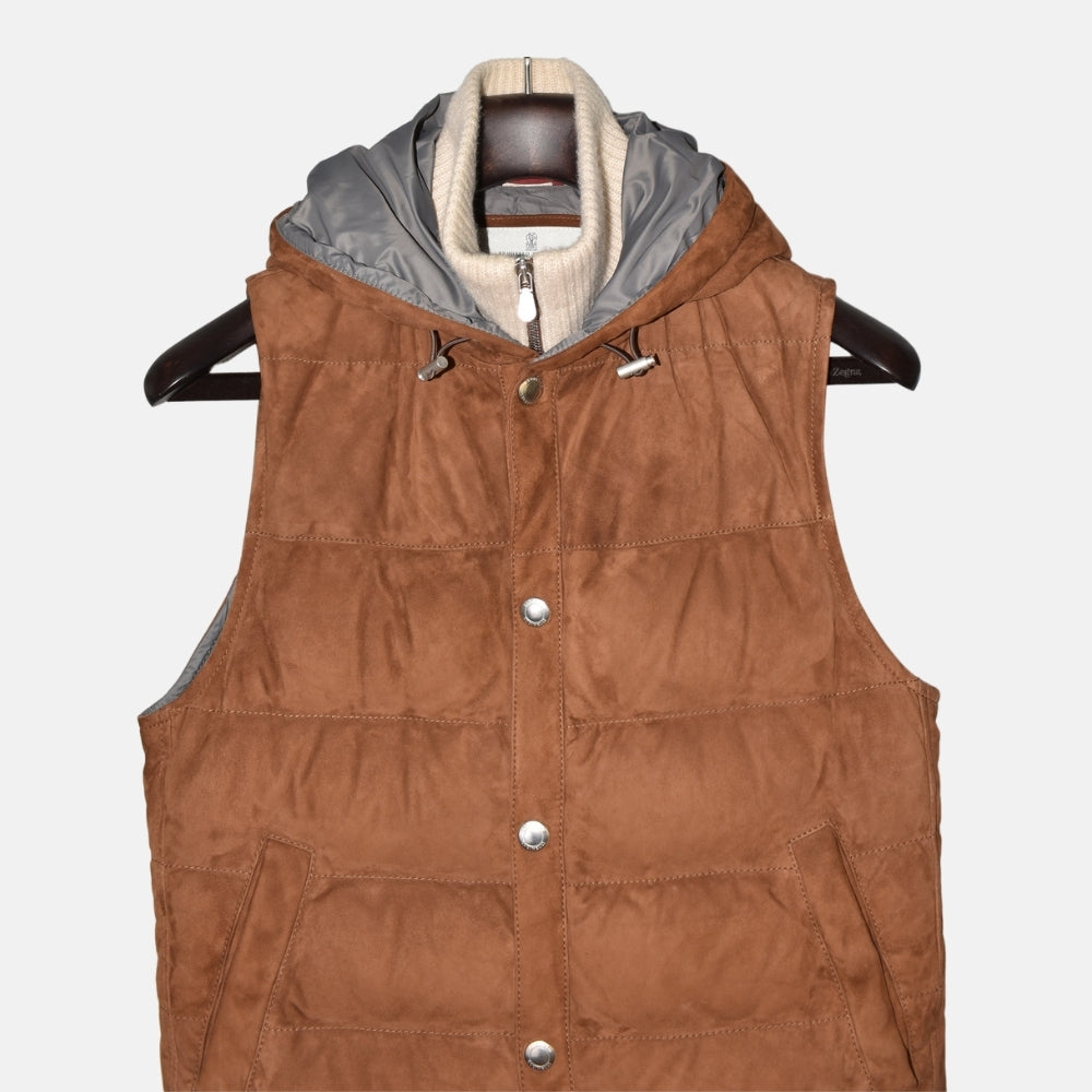 Brown Down Suede Vest with Cashmere Details (XXS)