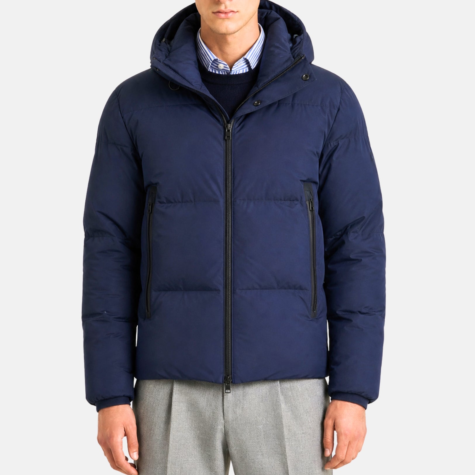 Navy Hooded Down Jacket made of Polyamide/Goose Down/Feathers (EU 48)