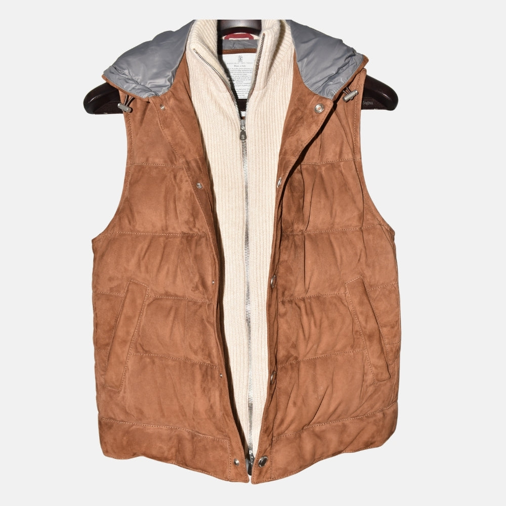 Brown Down Suede Vest with Cashmere Details (XXS)