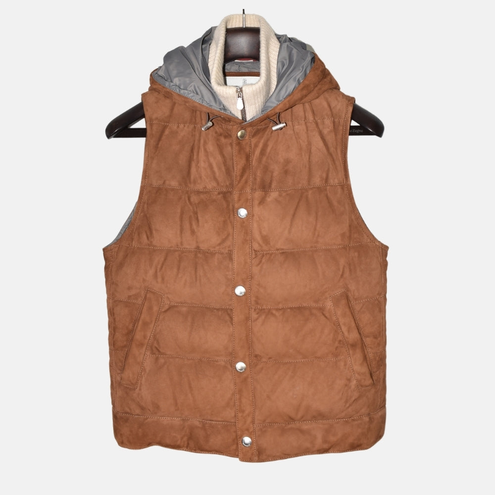 Brown Down Suede Vest with Cashmere Details (XXS)