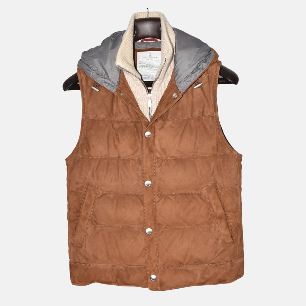 Brown Down Suede Vest with Cashmere Details (XXS)