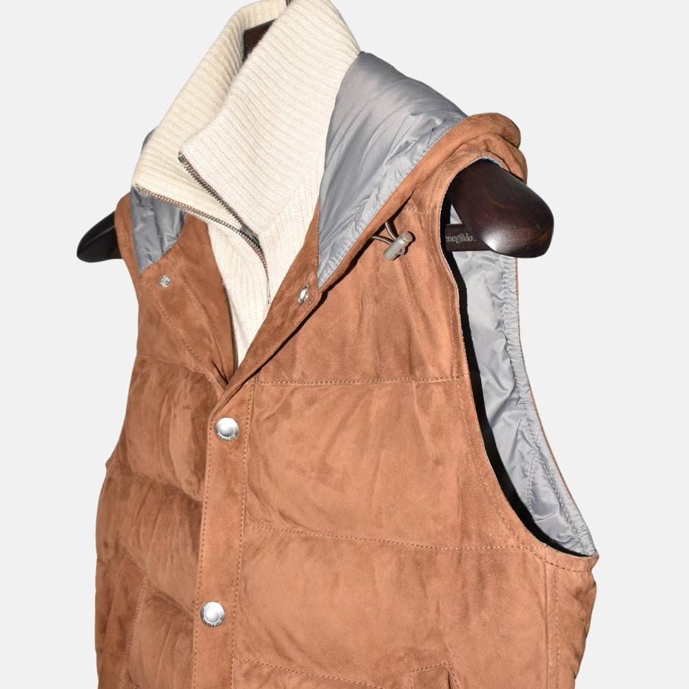 Brown Down Suede Vest with Cashmere Details (XXS)