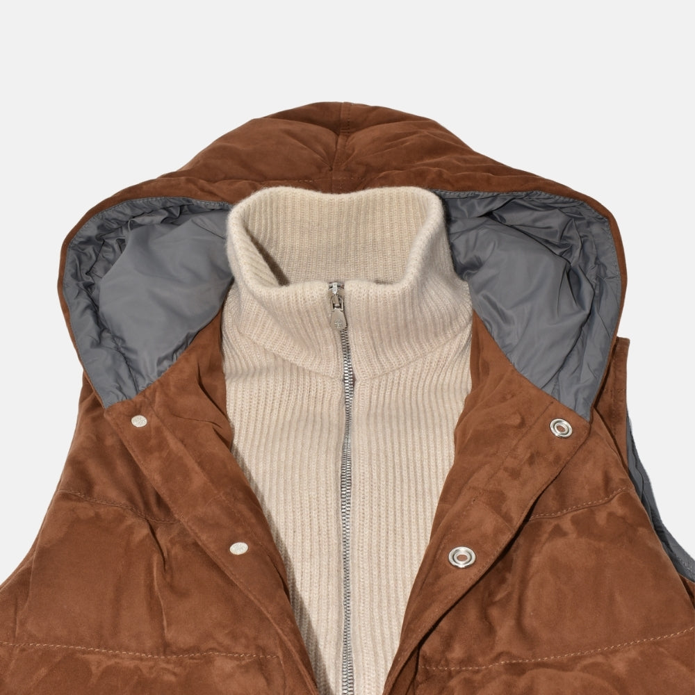 Brown Down Suede Vest with Cashmere Details (XXS)