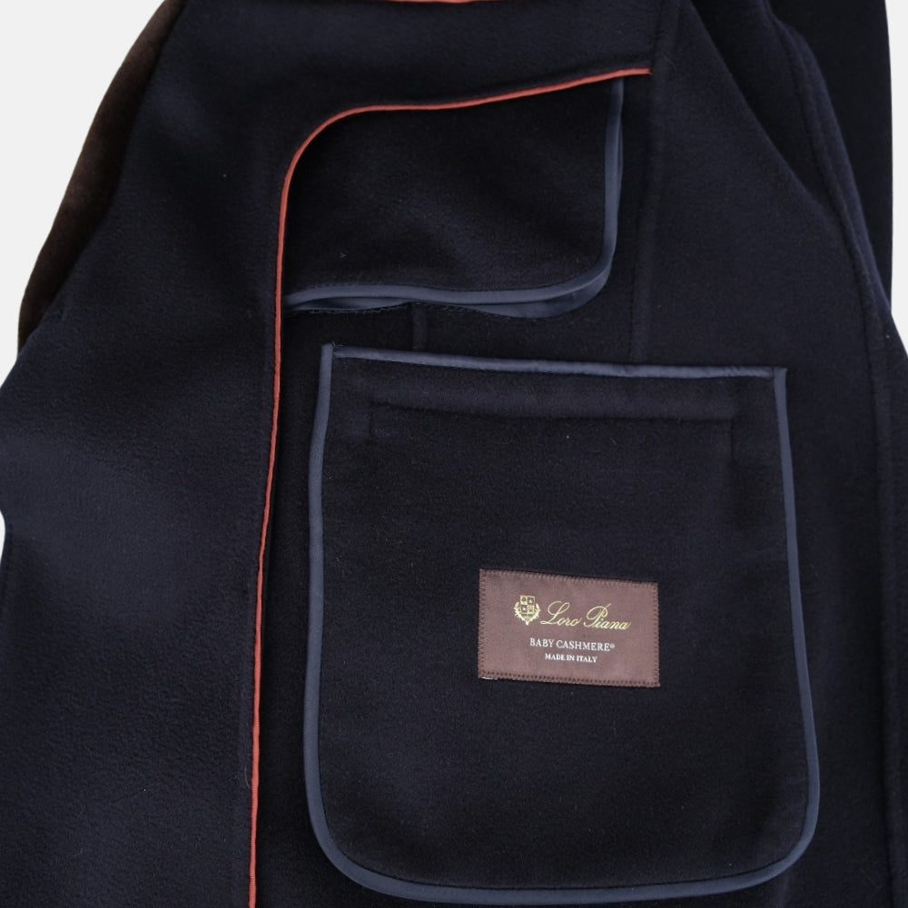 Navy Double-Breasted Baby Cashmere Coat with Mink Collar (EU 54)